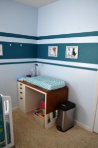 Changing table. Formerly my sewing desk. The drawers are still full of sewing supplies.